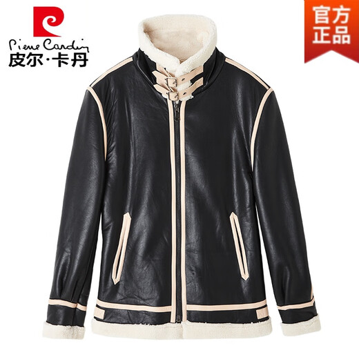 Pierre Cardin fur one-piece men's winter large size velvet thickened leather jacket short motorcycle jacket men's lamb wool jacket brown XL (light business)