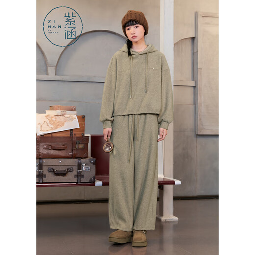Zihan (ZIHAN) Zihan hooded loose pullover sweatshirt straight wide leg sports pants two-piece suit for women 2024 winter new style beige L