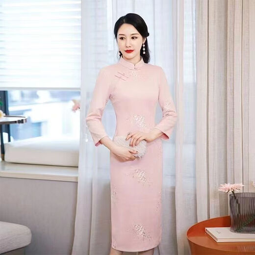 NUKM加绒加厚旗袍2025年新款秋冬季年轻款改良复古长袖长款女粉色保暖 719浅蓝 L 建议100-110斤