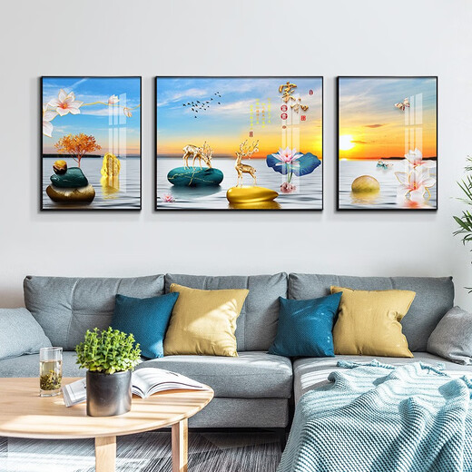 Tongdi Moderne einfache Wohnzimmer Dekoration Malerei Sofa Hintergrund Wandmalerei Gemälde Neue chinesische Stil Glattes Hängsmalhalle Wandmalmalerei 9 Zuhause und Reichtum 15686 Porzellan Diamant Inlay in der Mitte 140*90 Seite 70*90 Gold Rahmen