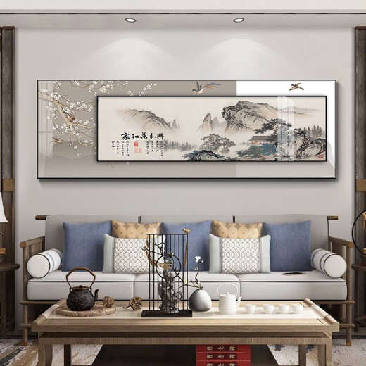 Mopai New Chinese style living room decoration painting sofa background wall mural modern simple and atmospheric banner landscape superposition painting humble room inscription large 200*70+small 160*50 crystal porcelain