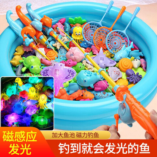 Children's fishing toys 1-2-3 years old baby magnetic light fishing set 4-6 years old boys and girls interactive play double-layer round pool 60-piece set 52 fish + 6 fishing accessories first birthday gift for boys and girls cool lights at night