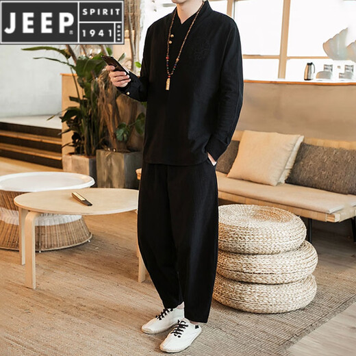JEEP SPIRIT中国风男装亚麻套装男士秋季唐装汉服两件套中式复古风茶禅居士服 酒红色(A804) L 建议体重115-130斤