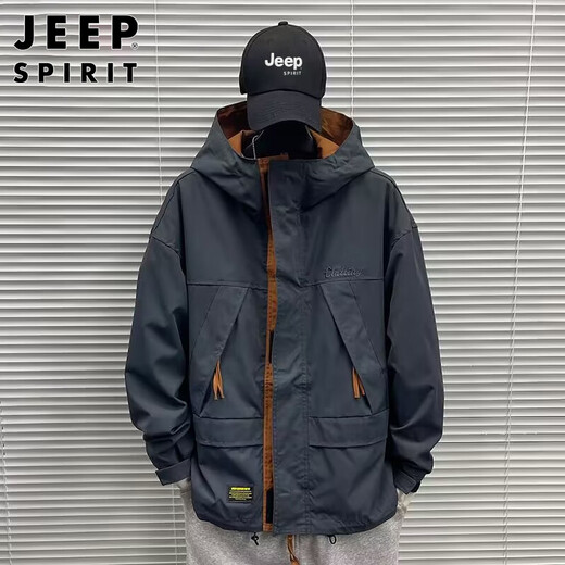 JEEP SPIRIT Jeep Jacket Men's Hooded Autumn and Winter Jacket Men's Casual Men's Trendy Work Clothing Tops Dark Gray XL