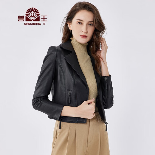 兽王真皮皮衣女 机车款绵羊皮女士皮衣秋冬薄款外套海宁皮衣短款防风 黑色 40