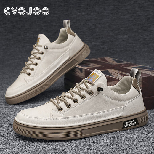 CVOJOO men's shoes business casual leather shoes light and comfortable classic sneakers autumn breathable shoes for men Y2092 beige 41