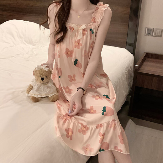 贝逸芙睡裙女夏季带胸垫高级感冰丝凉感吊带睡衣夏天女士甜美可爱家居服 1355#红色花朵 L