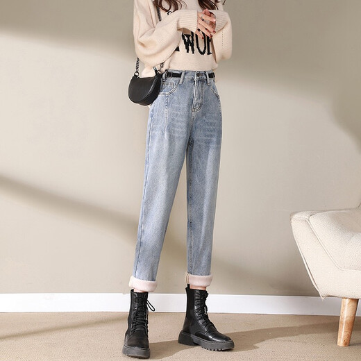 
Qingran'er plush velvet thickened jeans for women 2021 new winter loose high waist radish pants light blue warm dad pants 15099 light blue plush S