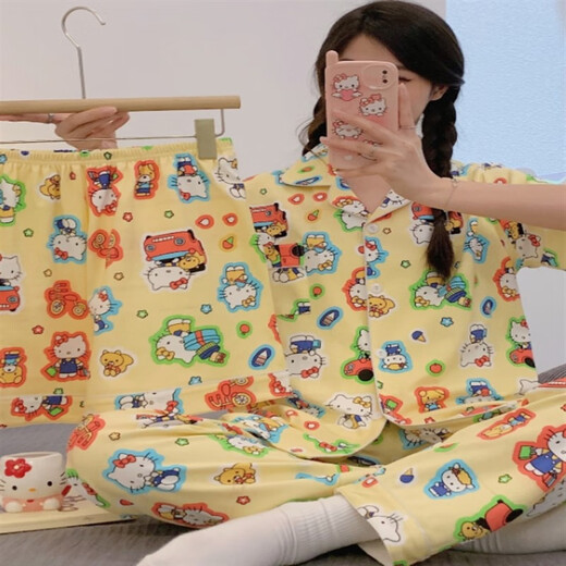 
Youshifei KT cat pajamas for women in summer short-sleeved trousers three-piece cardigan loose cotton cute thin style student home 14134# Duo Pin Kulomi [Three-piece set] 2XL (135-155Jin [Jin equals 0.5 kg])