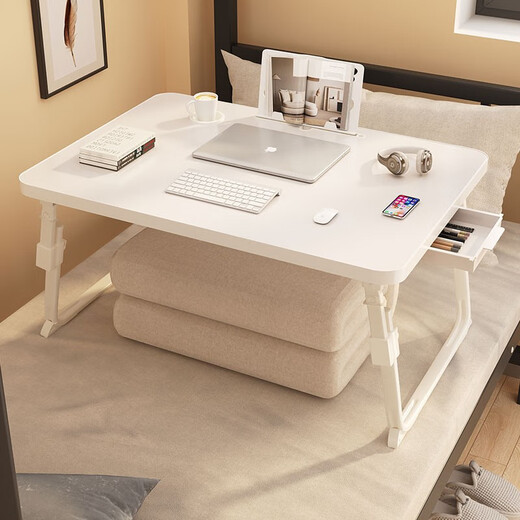 Feiwang Tengda Liftable Bed Computer Desk Bed Desk Small Table Foldable Small Table Board Bed Table Large Bedroom Pearl White-Regular Model (Flat No Card Slot Cup Holder Three-speed Lift 60*40*28-35cm