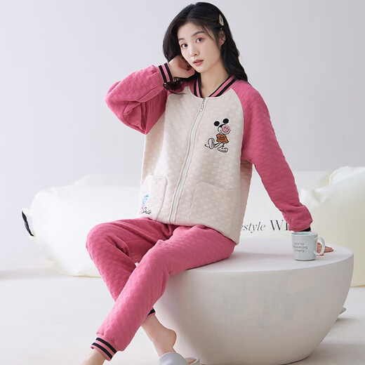芊之雅（QIANZHIYA）睡衣女生秋冬季加厚纯棉夹层长袖家居服加棉空气棉保暖薄夹棉套装 MFT-15276# 女M/160