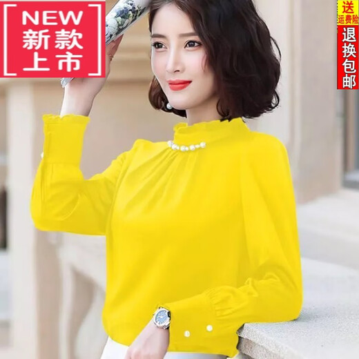 Tasi red shirt women's long-sleeved tops 24 spring and autumn new loose heavyweight silk ruffled stand-up collar bottoming shirt tops for women big red 3XL recommended 130-140Jin Jin equals 0.5 kg