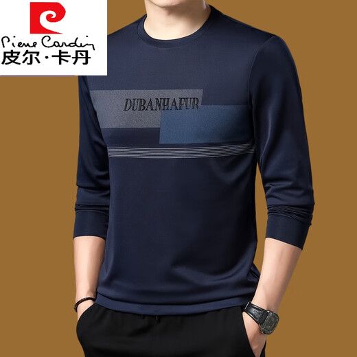 皮尔卡丹（pierre cardin）男士长袖T恤中年春秋季新款圆领潮流打底衫高级感商务透气上衣潮 黑色677款 XL 参考125-140左右