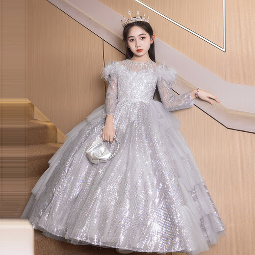 Stoffkatze Mädchen Kleid im Herbst und Winter Sinn für Kinder Abend Langarm Herbst und Winter Blumen Mädchen garnieren Rock kleine Mädchen Geburtstag Prinzessin Klavier Silber 150 cm