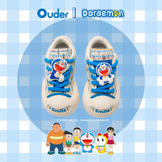 Ouderx DORAEMON哆啦A梦联名款开口笑帆布鞋 情侣增高厚底大头鞋板鞋 米白色+哆啦鞋饰+白袜 37