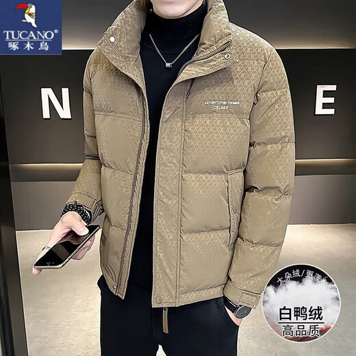 啄木鸟（TUCANO）羽绒服男短款冬季2025新款潮牌立领印花痞帅加厚男士冬装外套男装 咖啡色 L 建议 110-128斤