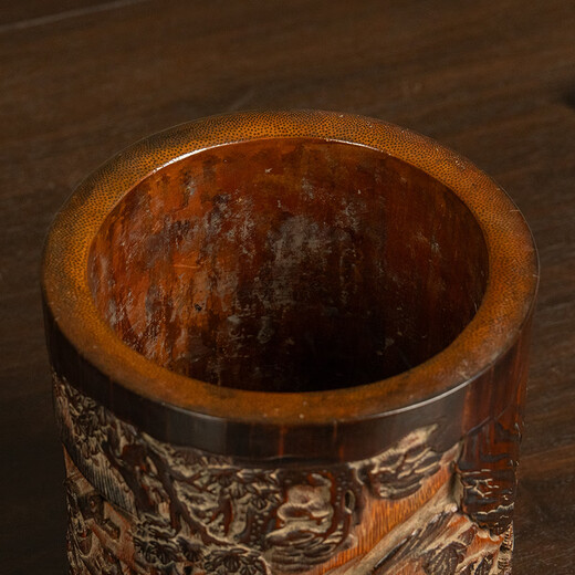 YARAN CULTURE清代竹雕文人雅集笔筒老物件古玩收藏真品竹制艺术品中式装饰摆件 14.3×14.7×16.6 1098-68