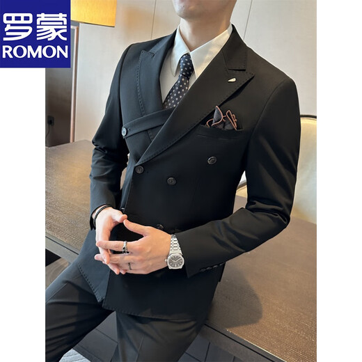 Romon brown double-breasted suit men's suit British slim men's large-size suit three-piece suit wedding groom's dress trend dark gray (suit + vest + trousers) 50/L (112-125Jin [Jin equals 0.5 kg])