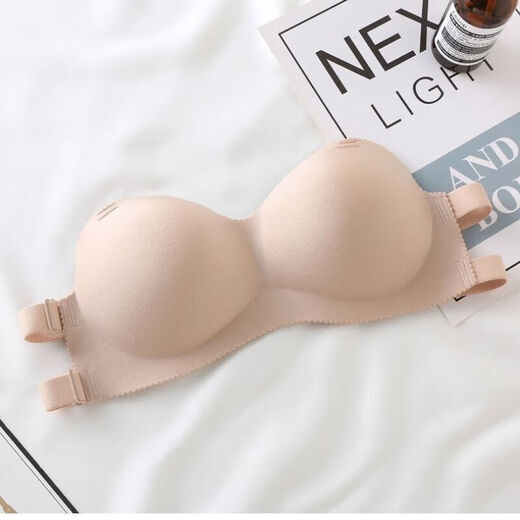 Full-length strapless bra, push-up, thickened small breasts, strapless Korean style wedding dress, invisible underwear for female students, skin color, size 90 transparent shoulder straps, one size fits all