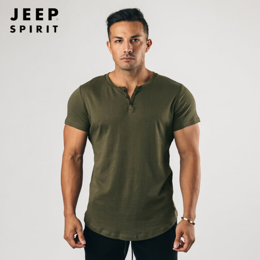 JEEP SPIRIT muscular man fitness round neck buttoned short-sleeved t-shirt cotton slim fit tough guy henley shirt sports top solid color t summer white XL