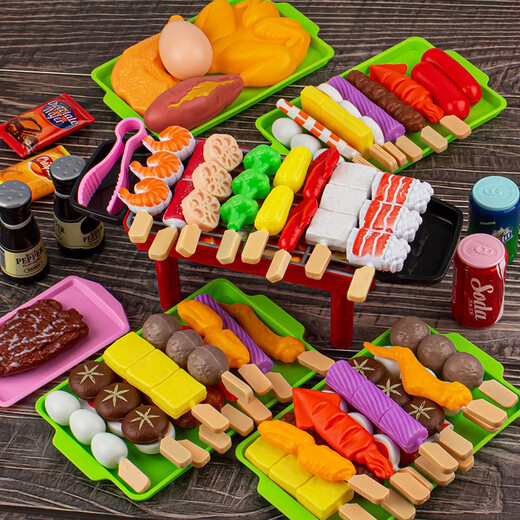 Benyan [27-piece set] Children's house play toys simulated barbecue BBQ toy hot pot grilled meat skewers set Barbecue skewers [27] set [with oven]