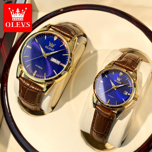 OLEVS Swiss Certified Pare Pare Watch Mechanical Watch Полностью автоматическая водонепроницаемая светящаяся пара Смотрите новогодний подарок для любовника [версия Collector 6629] Коричневая кожаная синяя пара [пожизненная гарантия]