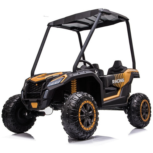 Extra-large children's electric car with four wheels that can seat adults, parents and children, double off-road vehicle for men and women, four-wheel drive remote control car, baby toy car, swing stroller, flagship version yellow, leather seat + soft tires + 14AH large battery + removable roof