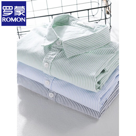 ROMON men's pure cotton short-sleeved shirt Japanese casual summer thin new striped shirt trendy splicing top 9740 light blue M