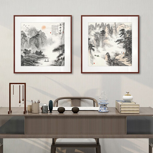 Original beauty ink landscape painting Zen hanging painting study tea room decoration painting new Chinese style living room wall painting landscape mural entrance hall D with frame size 40*40cm mahogany color frame
