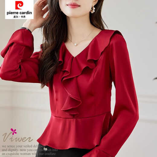 Pierre Cardin ruffled chiffon shirt women's long-sleeved spring and autumn new v-neck waist top short shirt belly-covering shirt red M
