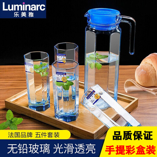 French Lemeiya glass cup, hot water resistant cup, cold kettle set, household tea cup, cold kettle set, high temperature resistant octagonal cup, ice blue octagonal water set, 5-piece set