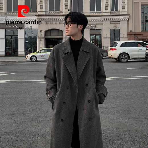 Pierre Cardin double-breasted extra-long coat for men over the knee, autumn and winter, slightly wide, British style, high-end, mid-length, high-heeled woolen windbreaker, trendy, dark gray M