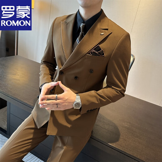 Romon brown double-breasted suit men's suit British slim men's large-size suit three-piece suit wedding groom's dress trend dark gray (suit + vest + trousers) 50/L (112-125Jin [Jin equals 0.5 kg])