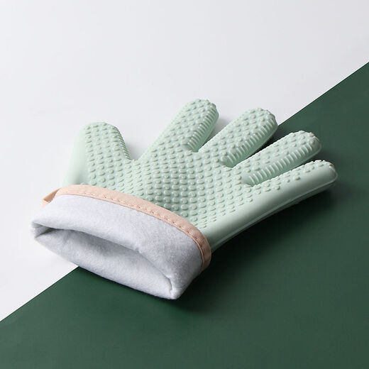 Home kitchen silicone anti-scalding thickened heat insulation gloves baking tray high temperature oven microwave oven special gloves spruce green five-finger large one