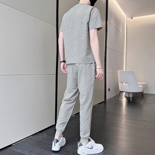 NASA RHUDE夏季冰丝短袖T恤运动套装男潮牌男装套装潮流休闲男夏天衣服夏装 719卡其(短袖+长裤) M (90-115斤)