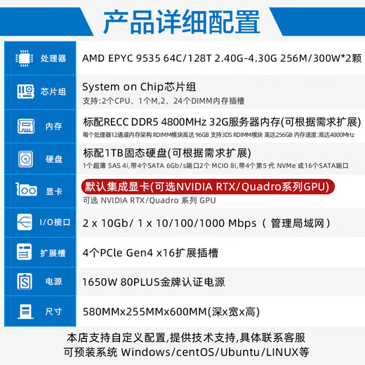 朴赛朴赛EPYC(霄龙)双路9755/9965工业仿真计算/CPU渲染/科学计算有限元分析塔式服务器工作站主机 双路霄龙9535 2.40G 128核256线程 含128G内存1T固态RTX 5080