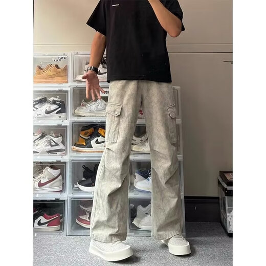 Bo Mingchen pleated casual pants for men in autumn and winter new American multi-pocket overalls handsome loose straight wide-leg pants for men apricot L recommended 120-135 Jin Jin equals 0.5 kg