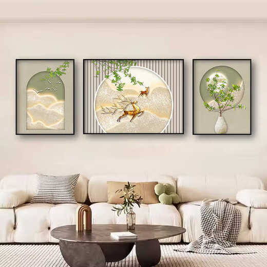
Sense painting cream style living room decoration painting modern simple sofa background wall hanging painting Fulu triplet 2025 new mural JD13588 left and right 40*60 middle 80*60 crystal porcelain diamond-inlaid aluminum alloy gold frame