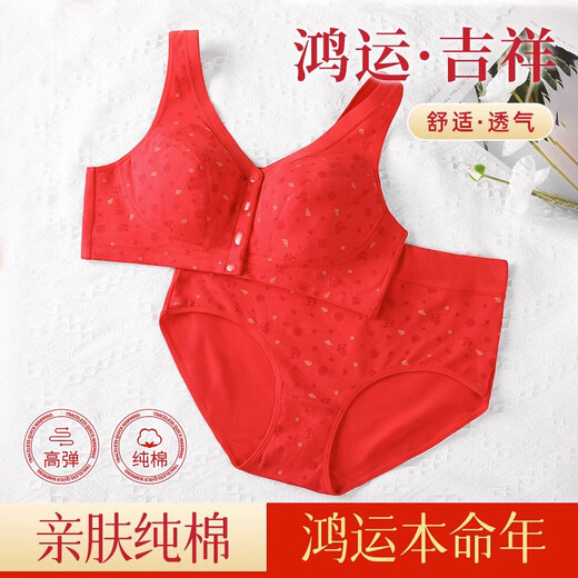Langsha Mama Underwear, Year of the Horse, Big Red, Horse, Qiji Red, Pure Cotton, Middle-aged and Elderly Bras, Panties Set, Front Button Bra