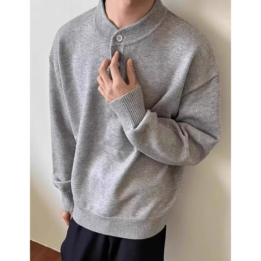 7 high-quality gray American Henry collar sweaters for men, winter plus velvet, high-end, lazy style, bottoming sweaters, casual jackets CRB-M143 light gray XL