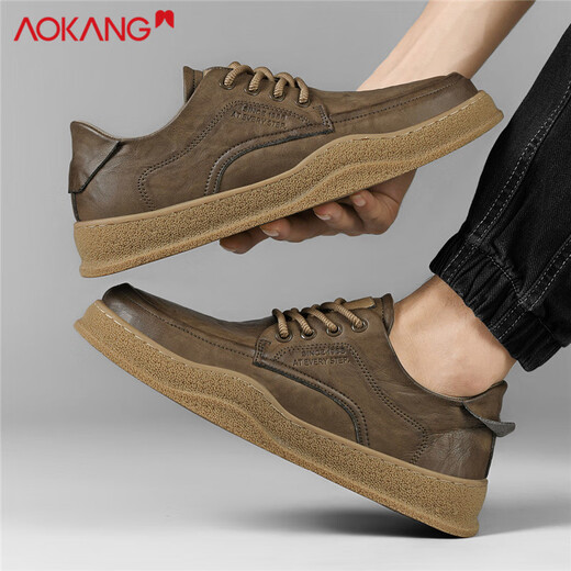 Aokang casual leather shoes for men 2025 autumn and winter new British business casual shoes retro low-top sneakers versatile high-end men's shoes khaki 41 standard sports shoe size