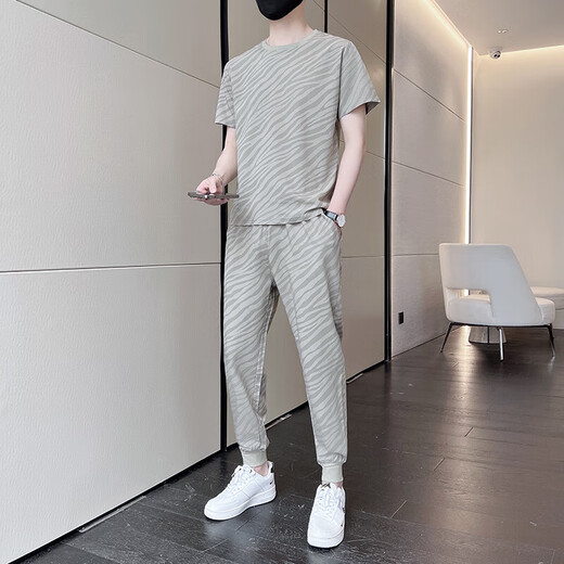 NASA RHUDE夏季冰丝短袖T恤运动套装男潮牌男装套装潮流休闲男夏天衣服夏装 719卡其(短袖+长裤) M (90-115斤)