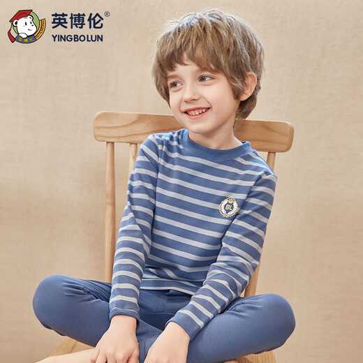 Yingbolun autumn and winter children's thermal underwear autumn clothing set pure cotton medium and large children's school uniform artifact 85265 Lan Tiao 150