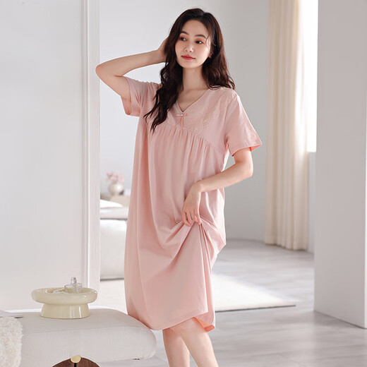 
clolv kiss nightgown with chest pad for women summer pure cotton thin short sleeve mid-length pajamas women's dress can be worn outside home clothes 701 soft powder (with chest pad) XL [165-170cm/120-145Jin[Jin equals 0.5 kg]]