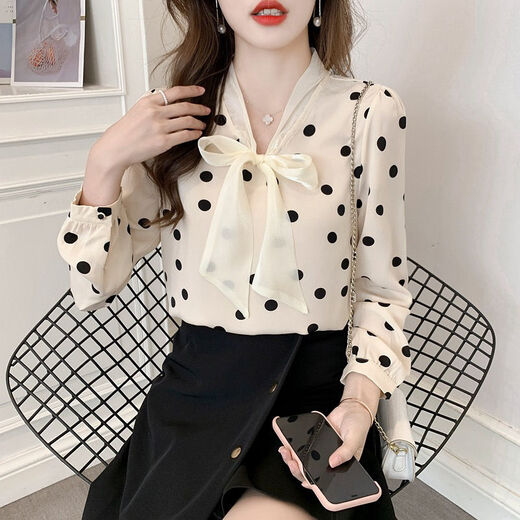 Changluzhu Knut Elgvin Leichte Luxus Innere Wear Polka Dot Chiffon -Hemd für Frauen Herbst Neues koreanisches Stil modische Schlankung Bow Aprikosenfarbe 9738# One Size