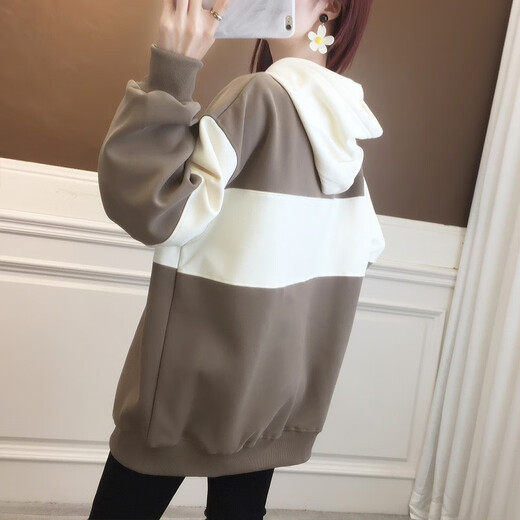 兹奈儿卫衣女加绒春秋季新款中长款连帽宽松冬季女生学生上衣外套LJ9858 米白色 S（建议90-100斤