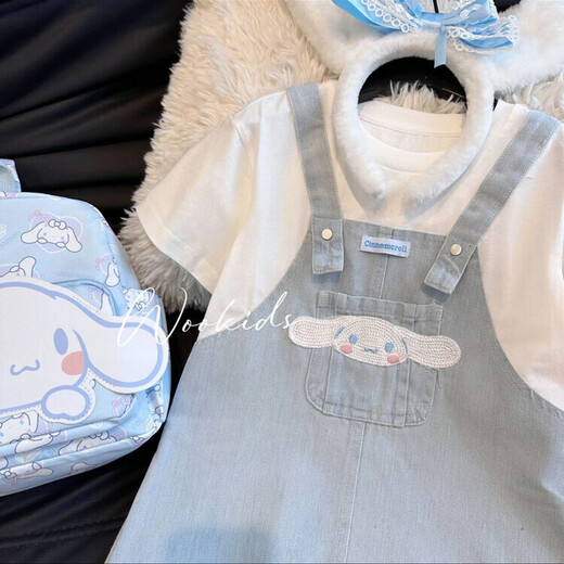G.DUCKKIDS童装女童套装夏季洋气儿童背带裤套装卡通女孩t恤牛仔裙子 玉桂狗假两件背带裙送玩偶 140 码建议130-140cm9-10岁