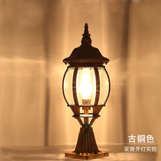 Yilin Outdoor Wall Lamp Post Head Lamp Waterproof Door Post Lamp Gate Lamp Retro Garden Lamp European Outdoor Villa Post Lamp Bronze Trumpet Transparent Square Seat