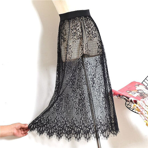 Begiche Single-Layer Gaze Rock Maschenrock der Frauen vielseitiger Spitze Petticoat regulärer Deckrock ohne Auskleiderock Rock 6621 Schwarzer Nicht-Auskleidungsstil gleich groß