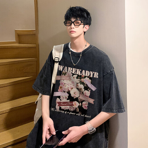 YOOOURTHING夏季新款潮牌美式复古蜡染水洗做旧宽松240克重磅纯棉短袖t恤男士 T691水洗黑色 XL建议（120-145斤）